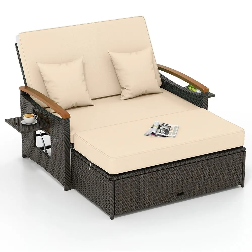 

Patio Rattan Daybed with 4Level Adjustable Backrest, Outdoor Wicker Loveseat with Acacia Wood Armrest, Storage Ottoman amp Fold