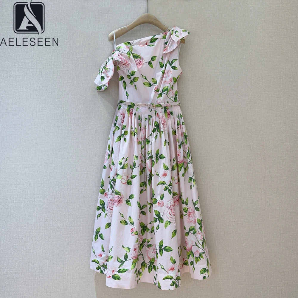 AELESEEN 100% Cotton Summer Dress Women One Shoulder Pink Flower Print Bow Elegant Long Party Elegant Poplin Vacation Holiday