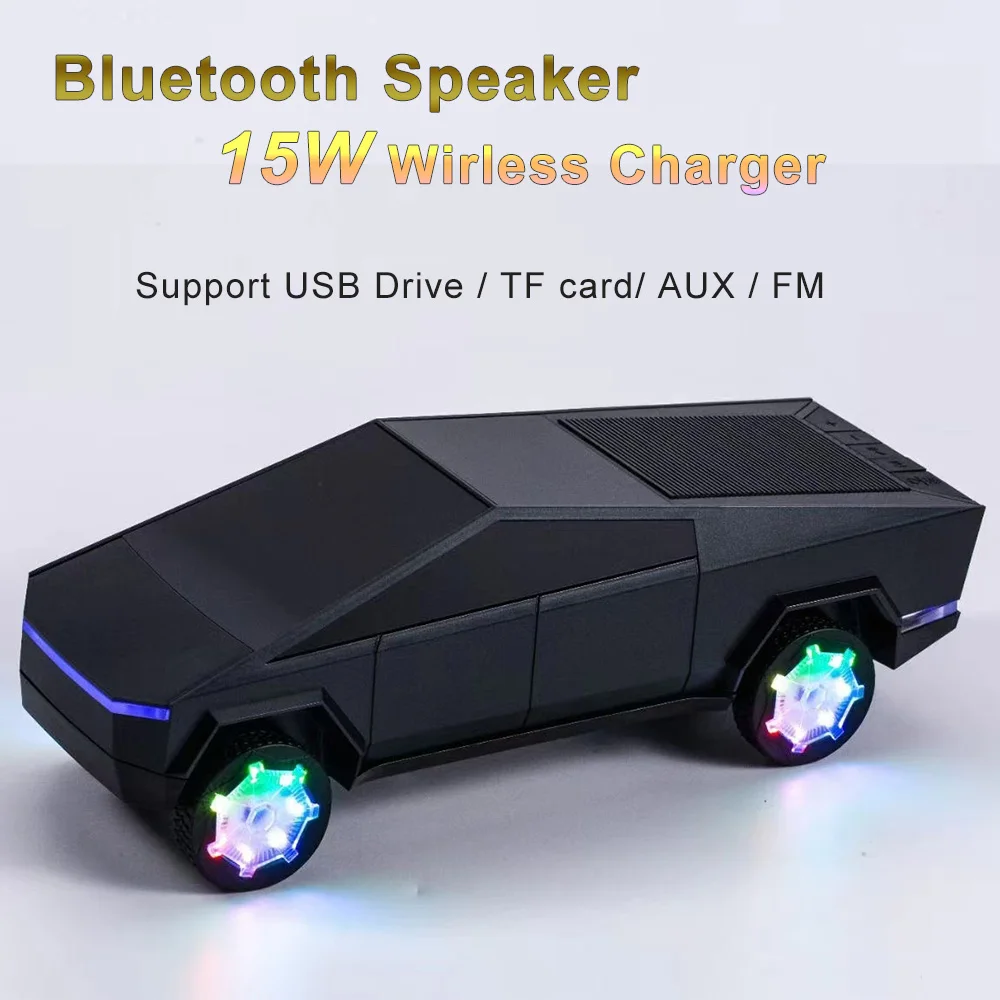 15W Car Shaped Wireless Charger Portable Bluetooth Speaker BT U Disk TF Card FM Playback with RGB Light HIFI Stereo Soundbox