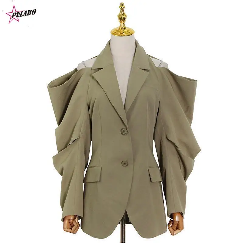 PULABO Solid Fold Pleated Women Coat Notched Long Sleeve Gathered Waist Cut Out Women's Blazer Fashion Clothing y2k