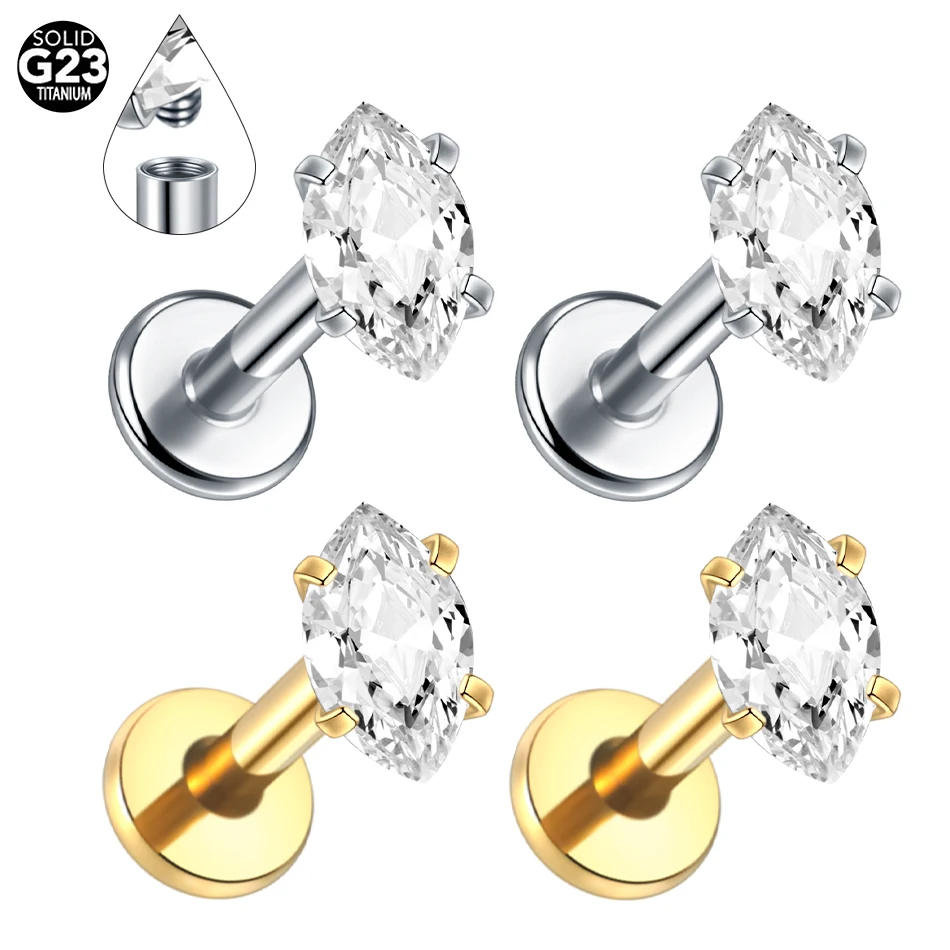 1/5PCS G23 Titanium Marquise Labret CZ Zircon Ear Tragus Cartilage Flat Back Earring Piercings Internally Thread Lip Jewelry 16G