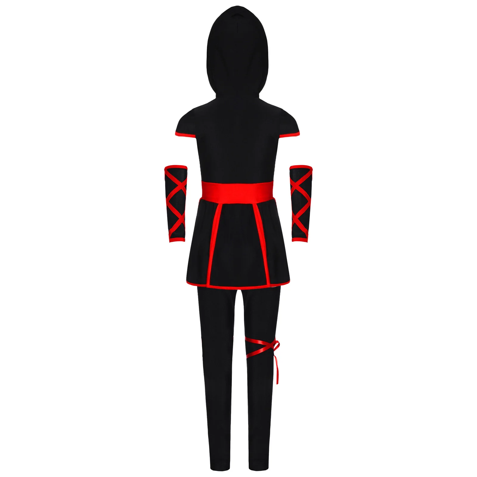 Boys Girls Ninja Costume Dragon Printed Waist Wide Sash Hooded Top with Pants Match Gloves Halloween Anime Kung Fu Dress Up