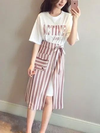 

plus Size Summer Fashion Slimming Short Sleeve Two Piece Set for Plump Sisters Korean Style High Waist A-Line Skirt