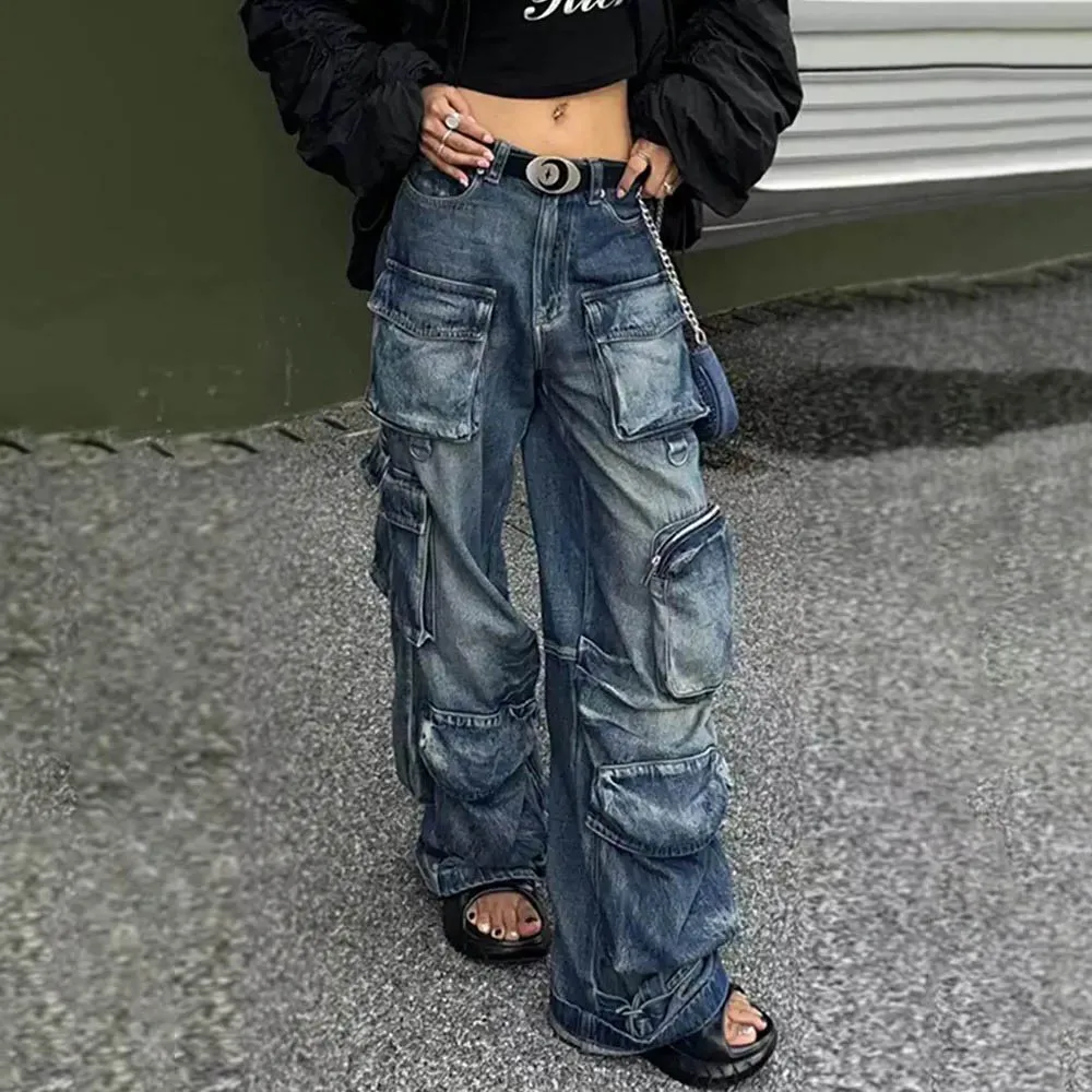 Autumn Men's Multi-Pocket Straight Wide-Leg Jeans American Retro Fashion Trend Street Hip-Hop Loose Casual Niche Men's Bottoms