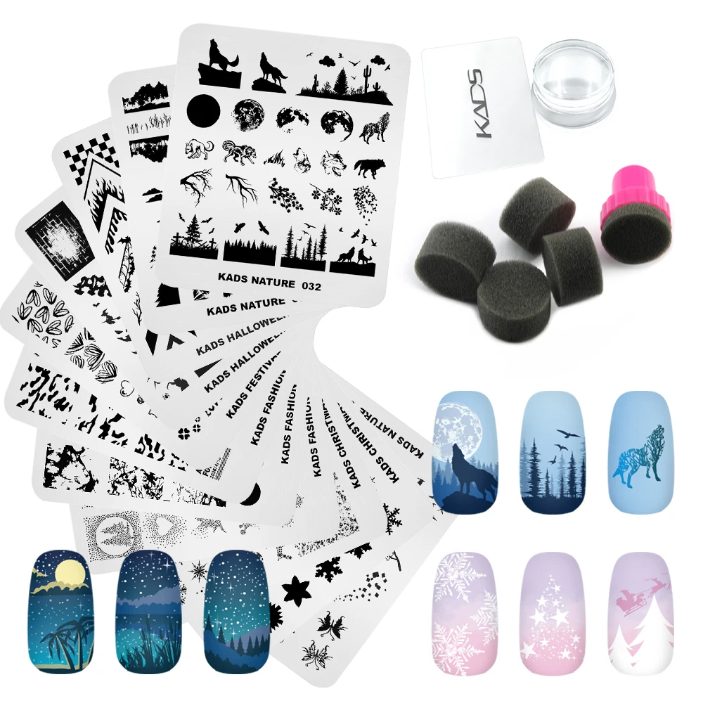 

15pcs Template Nail Stamping Plate Set with 2pcs Stamper 1pc Scraper Nail Art Template Kit Flower Leaves Animal Image Design