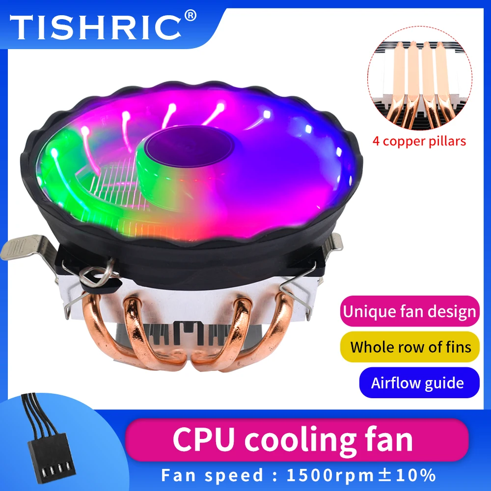 TISHRIC CPU Cooler Fan 4 Copper Heat Pipes 4 Pin PWM RGB For Intel LGA 1150 1155 1200 1366 2011 AMD AM3 AM4 CPU Cooling Fan