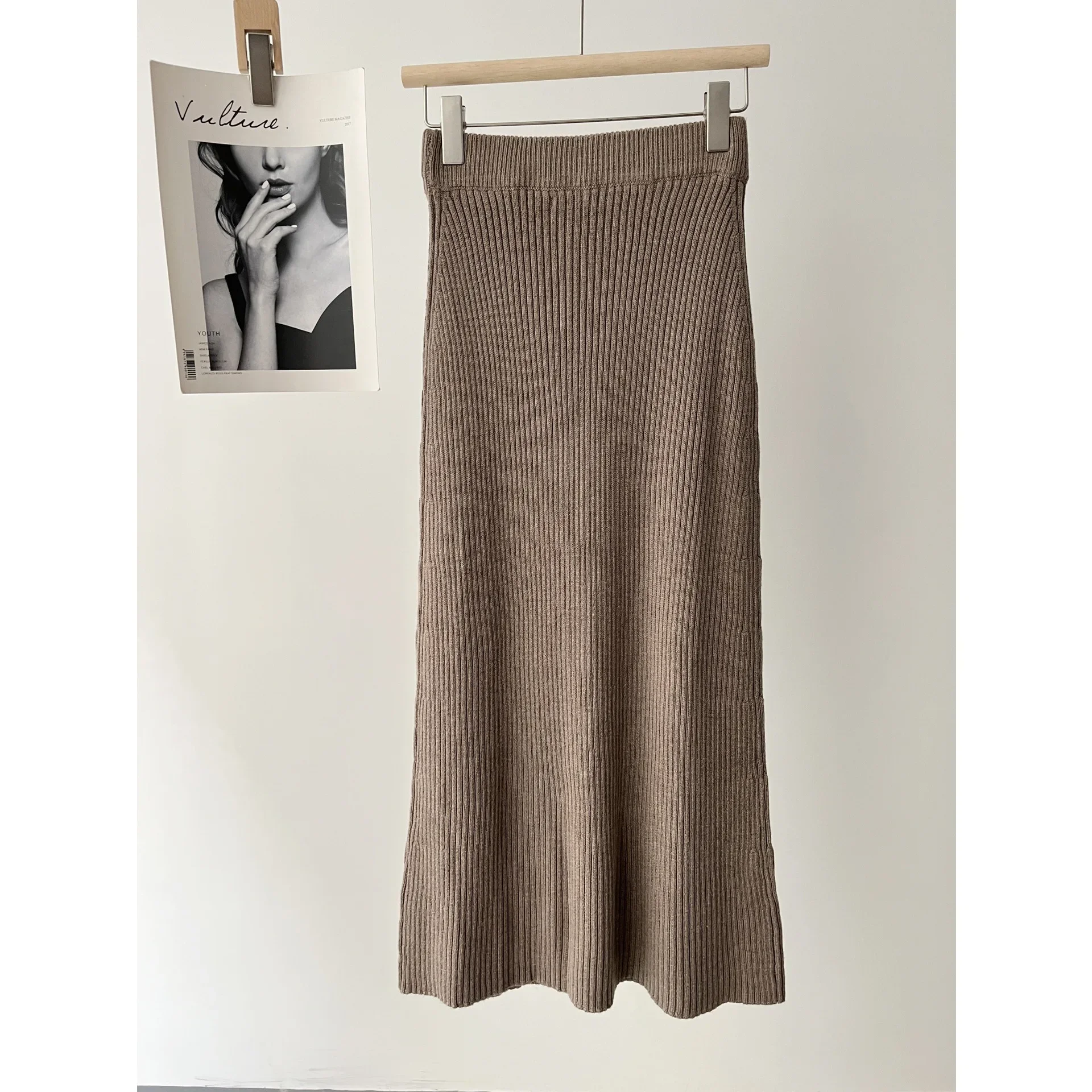 Women's clothing minimalist temperament elegant ribbed slim-fit horn medium and long knitted skirt 16a