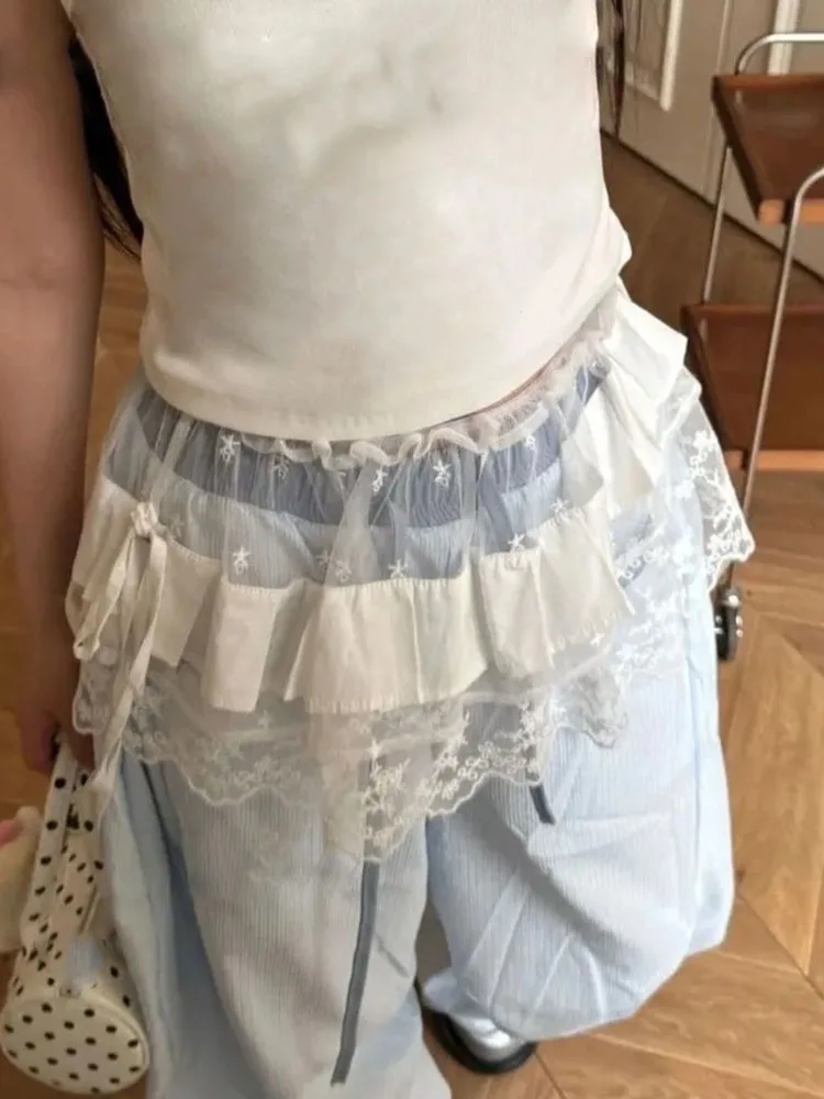 Sweet Mesh Lace Mini Skirt Women 2026 New Bandage Waist Overlap Design A-line Skirts Fashion Y2k Versatile Chic Faldas