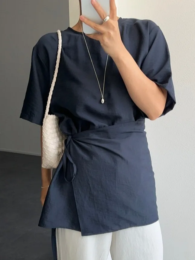 قميص نسائي أنيق بأسلوب كوري يغطي الرأس، تصميم صيفي جديد يقلل من مظهر العمر، قمة الموضة بتصميم عصري للجمهور الصغير