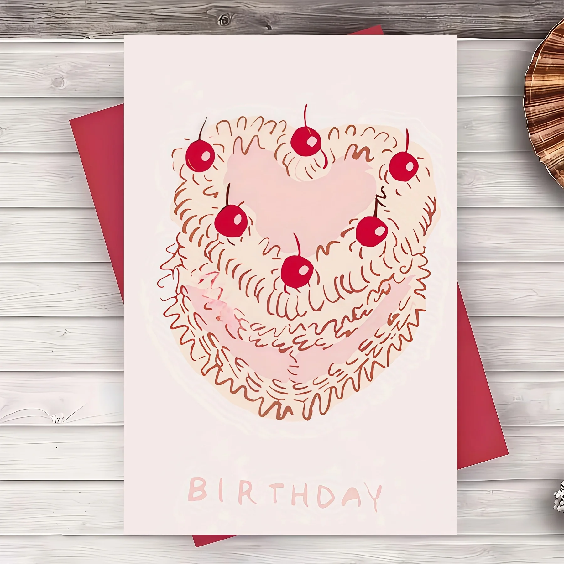 Carte d'anniversaire en forme de cœur cerise rose, enveloppe incluse, moderne et simple, parfaite pour une célébration d'anniversaire, cadeau de vœux élégant