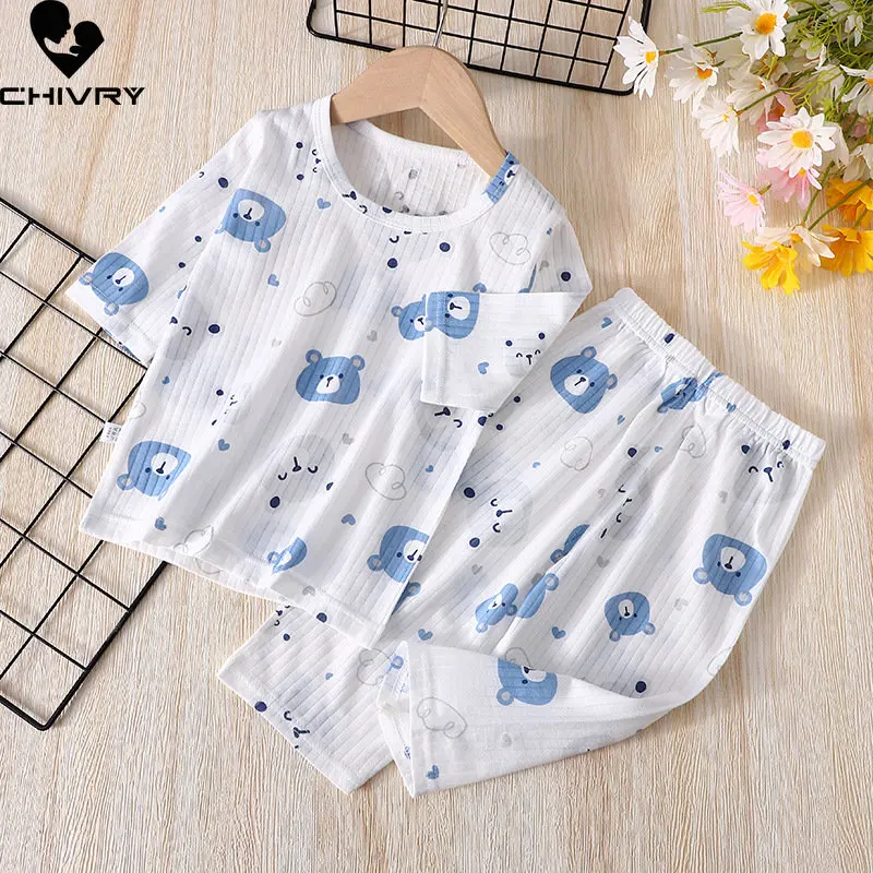 Pijamas finos y suaves para niños y niñas, con dibujos animados de tres cuartos Camiseta de manga, Tops con pantalones, ropa de dormir para bebés, ropa de estar por casa, 2023