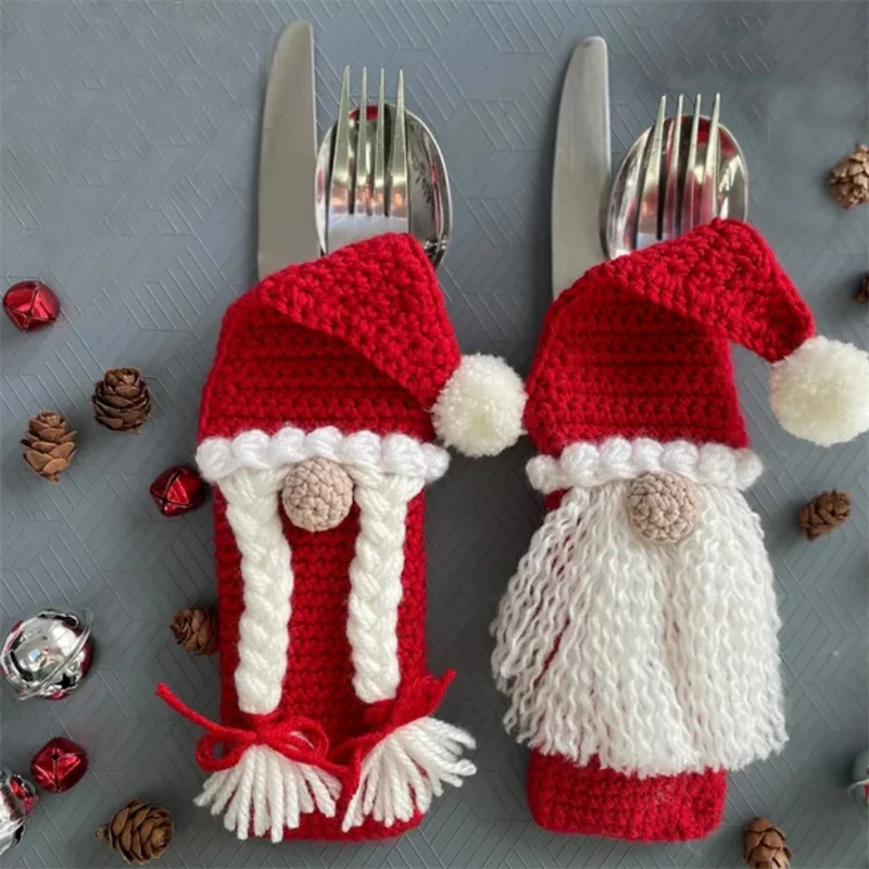 Cross-border sales Handmade crocheted Santa Claus Cutlery storage case Christmas decorating protective cover For Christmas party