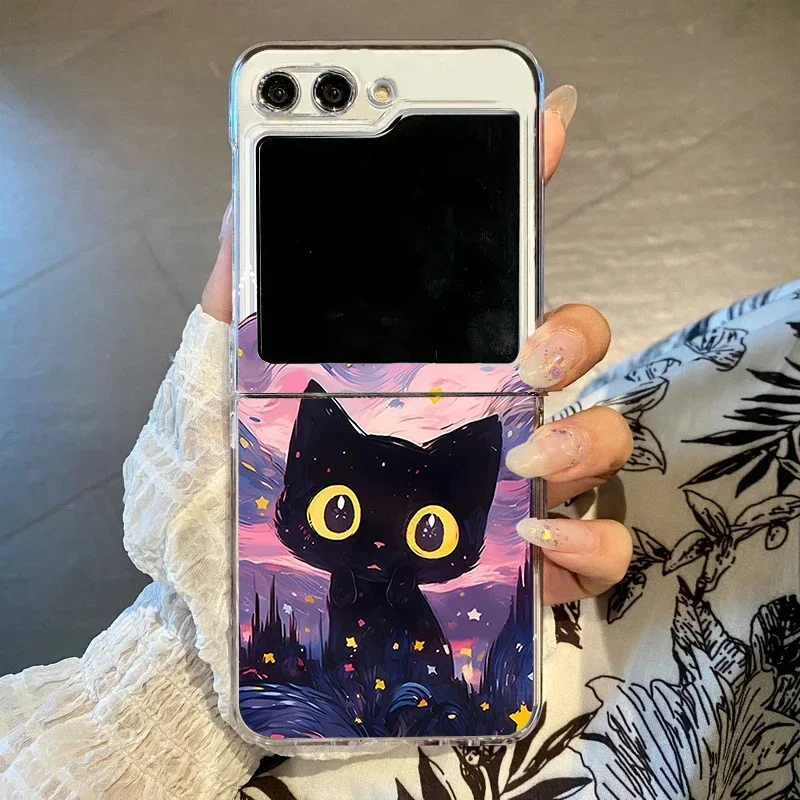 

Funny Cute Cartoon Black Cat Phone Case for Samsung Galaxy Z Flip6 Flip5 5G Protect Cover ZF Flip4 3 Transparent Cover Shell