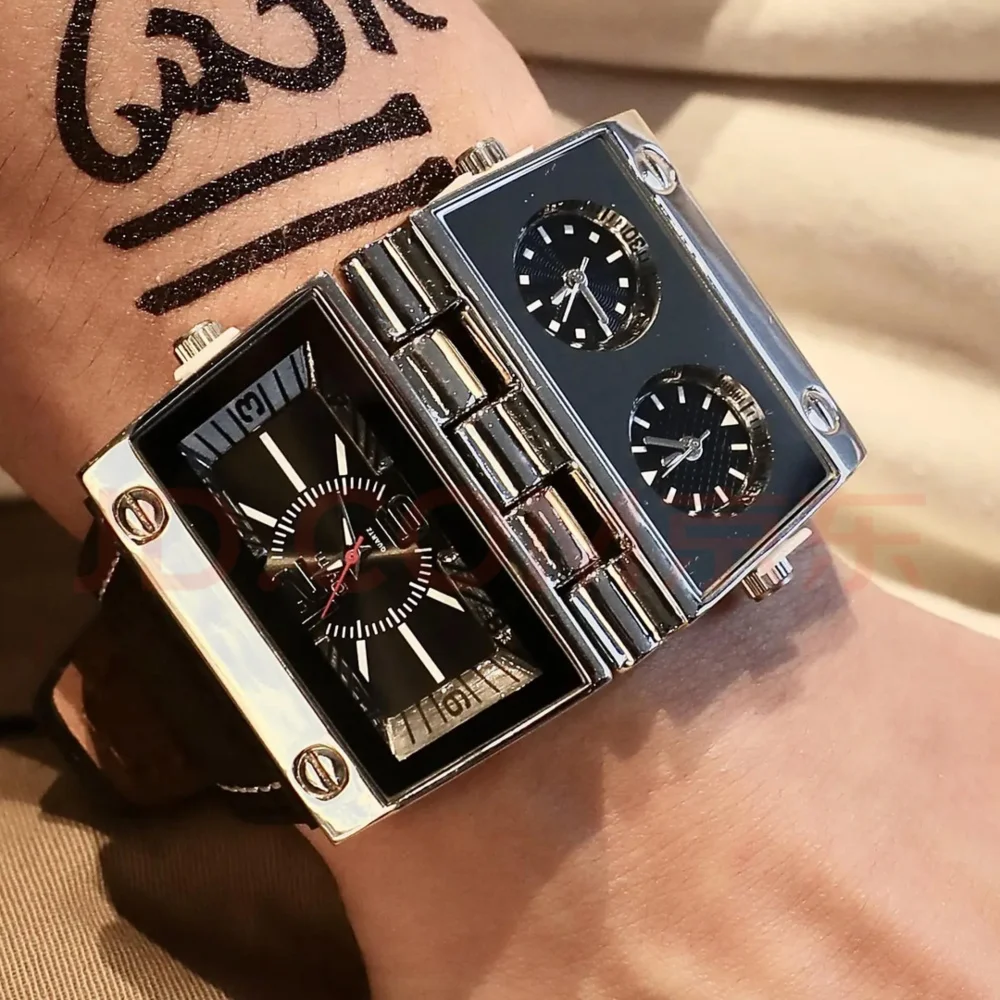

European and American Punk Style Dual Dial Three-Time Zone High-End Luxury Fashion Personality Cool Street Style Men's Watch, Fashion Accessory, Suitable for Business Casual Outings and Events