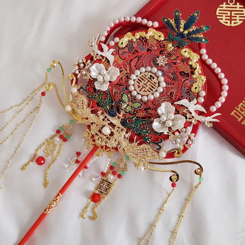 Six-petal Double-Ring Bride Wedding Group Fan, Xiuhe Dress Hanfu, Hand-held Dance Fan, Performance Wedding Party Decoration