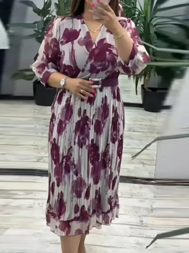 Elegancka sukienka do pracy z dekoltem w serek, długim rękawem, wzorem i drapowaniem, długa sukienka codzienna z wysokim stanem, rozkloszowana sukienka na imprezę.