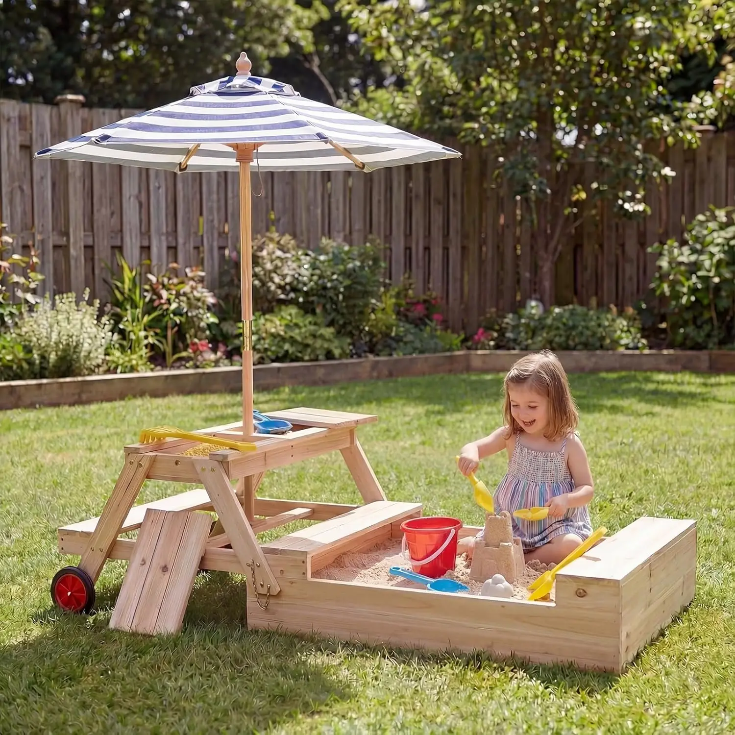 

Wooden Kids Picnic Table Sandbox 3-in-1 Bench Umbrella Storage Wheels Backyard Patio 47", Customized