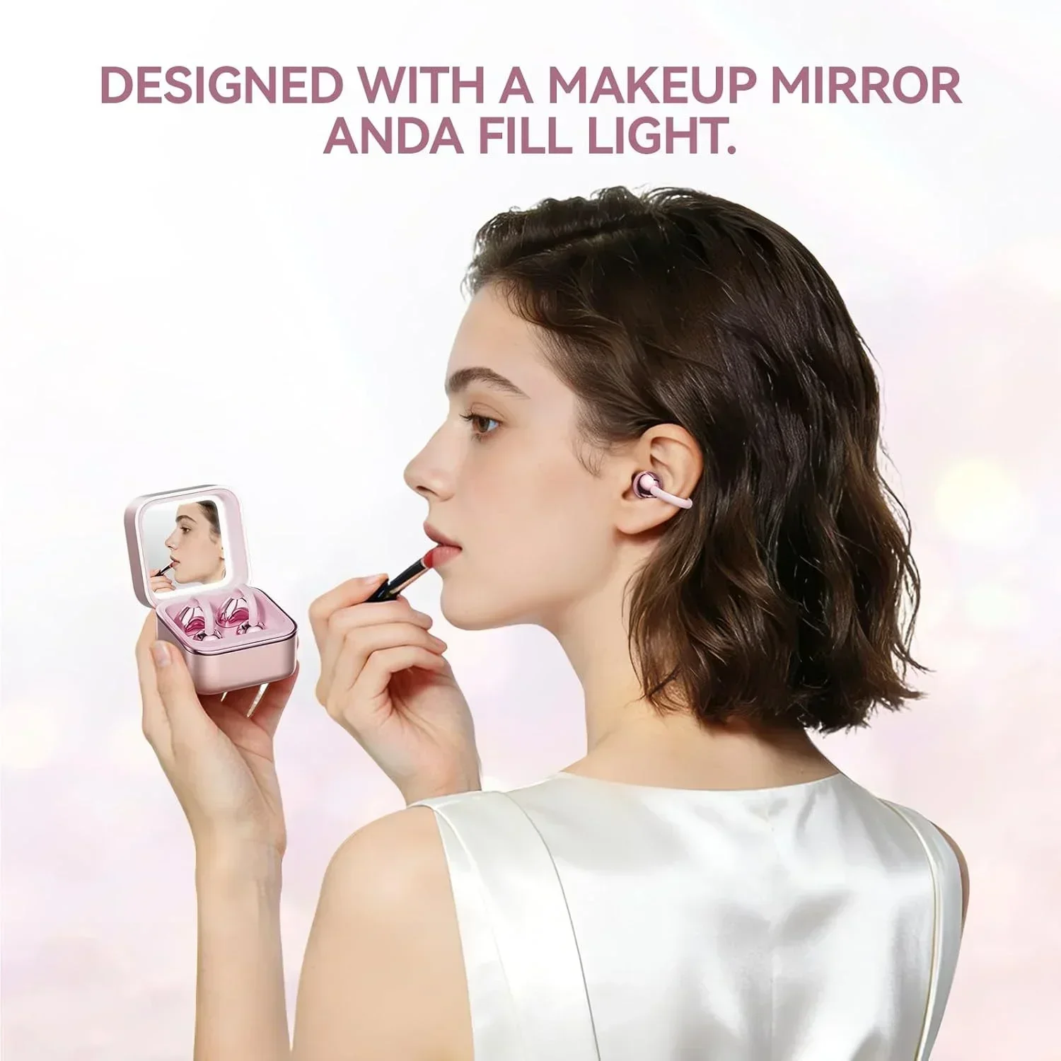 

Ear Clip Wireless Earbuds Jewelry Box Style with Makeup Mirror Fill Light Bluetooth 6.0 For Women Fashion Gift