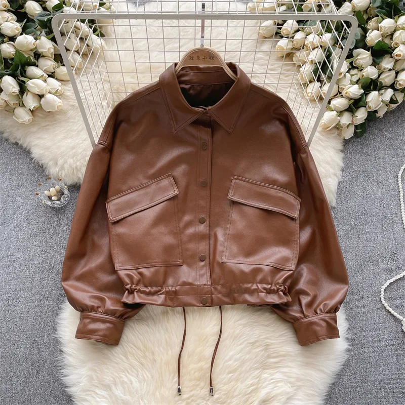 Spring Autumn New Women Korean Loose Big Pocket Faux PU Leather Jacket Coffee Color Lapel Long Sleeve Casual Short Biker Jacket