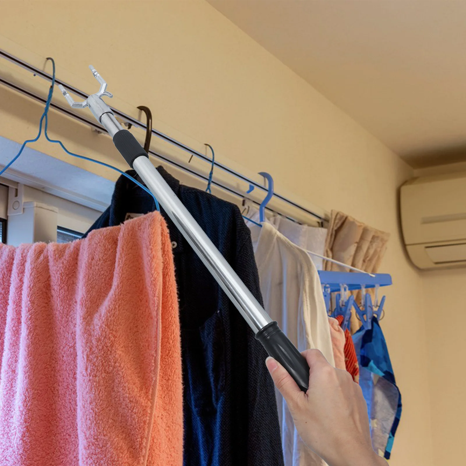 

Space Saving Extendable Clothes Pole Sturdy Alloy Clothesline Rod for Home Laundry Drying Multi Purpose Clothes Support Stick