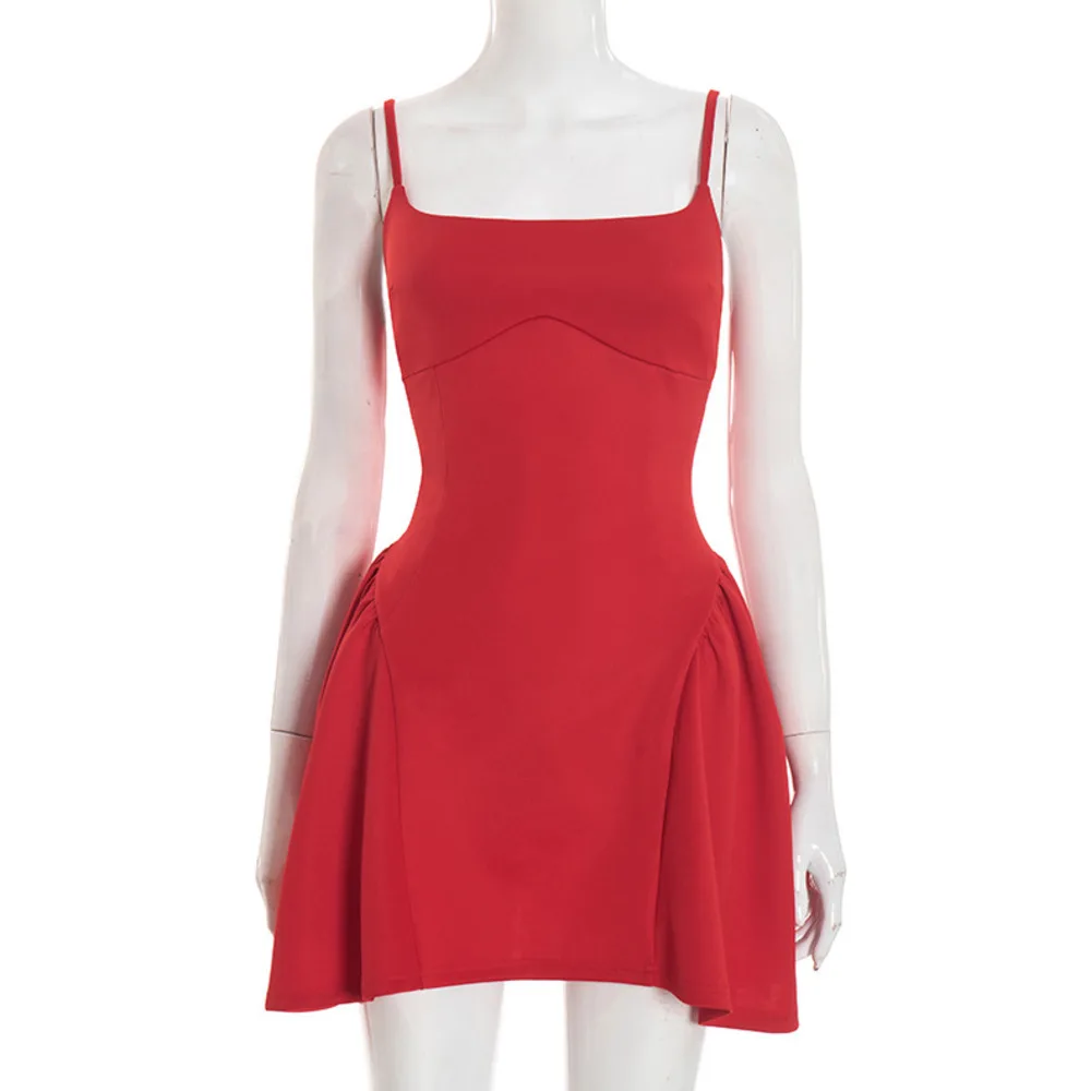 Blifanbo cinta de espaguete sem costas a linha sexy mini vestido feminino ruched cintura alta sem mangas sólido clube vestido de festa elegante