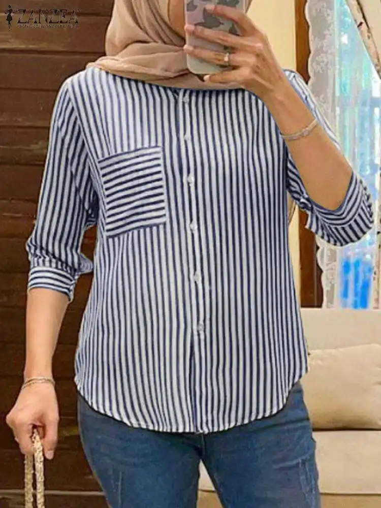 

ZANZEA Fashion Striped Printed Muslim Blouse Bohemian Holiday Chemise Spring Casual Eid Mubarek Shirt O Neck 3/4 Sleeve Blusas