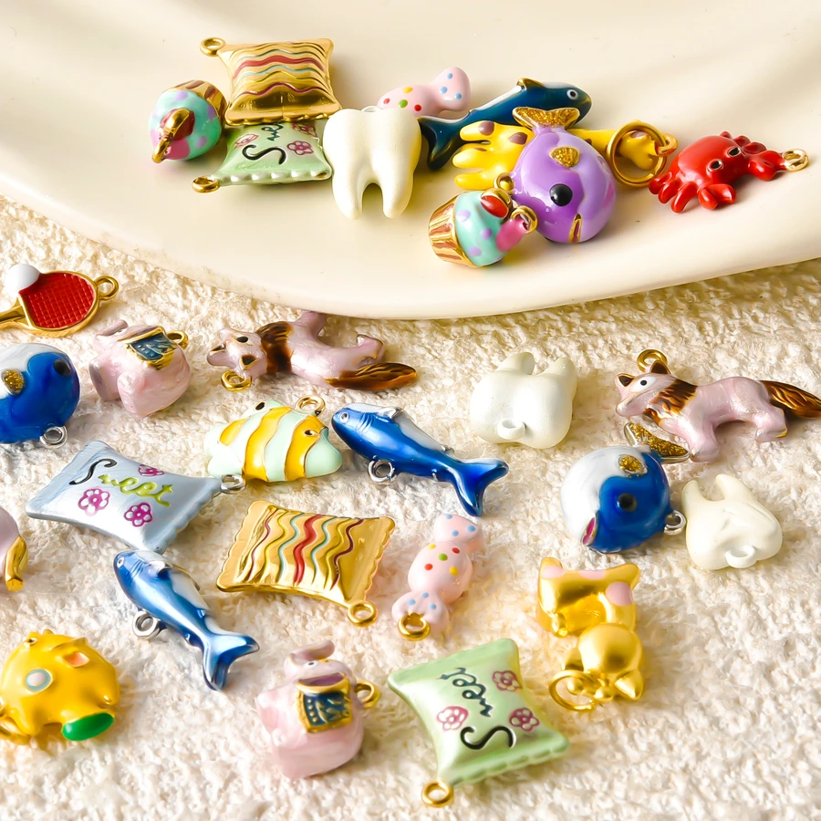 4/8Pcs Stainless Steel Gothic Tooth Dopamine Sweets Cake Candy Pendant Hand painted Cute Sea Fish Elephant Charms Jewelry Bulk