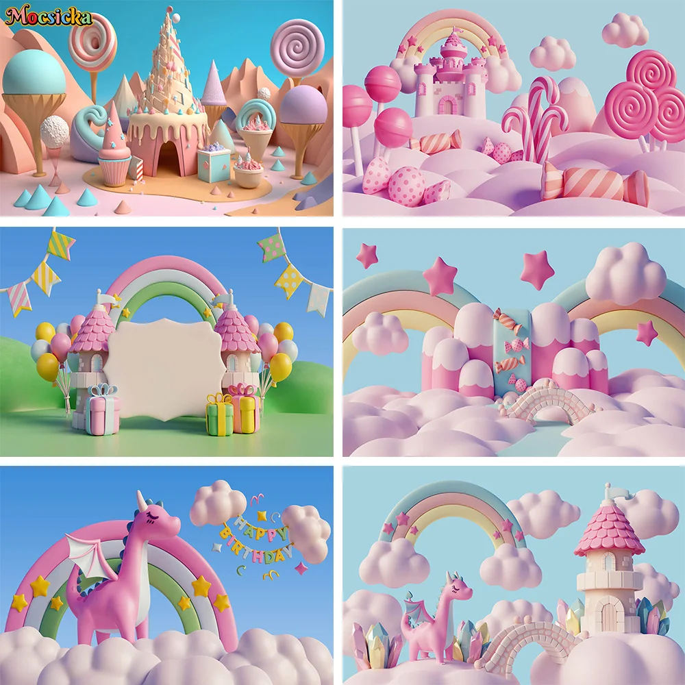 

Baby Cake Smash Backdrop for Girls Birthday Party 3D Pink Candy House Rainbow Clouds Decor Background Kids Studio Portrait Photo