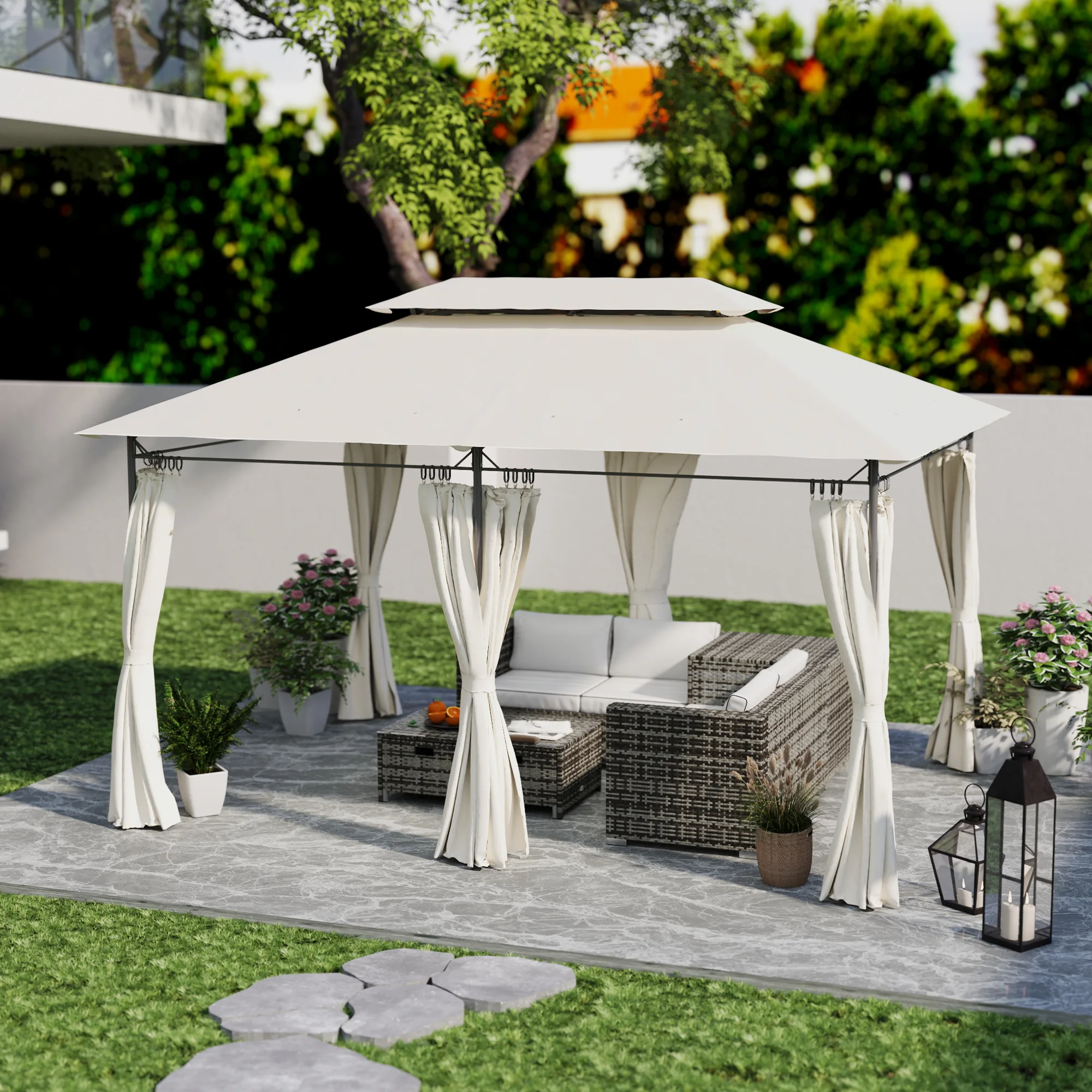 10 X 13 ft Double Roof Patio Gazebo with Curtains, Cream White image 8