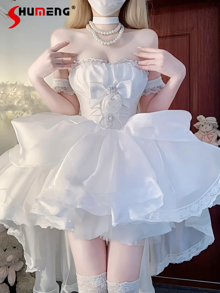 

French Elegant White Lolita Style Princess Dress Summer Womens Slim-Fit Big Bow Trailing Dress Tube Top Fluffy Cake Skirt Set