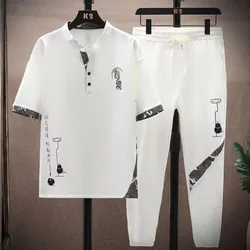 (Shirt + trousers) 2024 summer fashion men shirt Cotton shirts men's sets High quality shirts Two Piece size M-4XL TZ0195