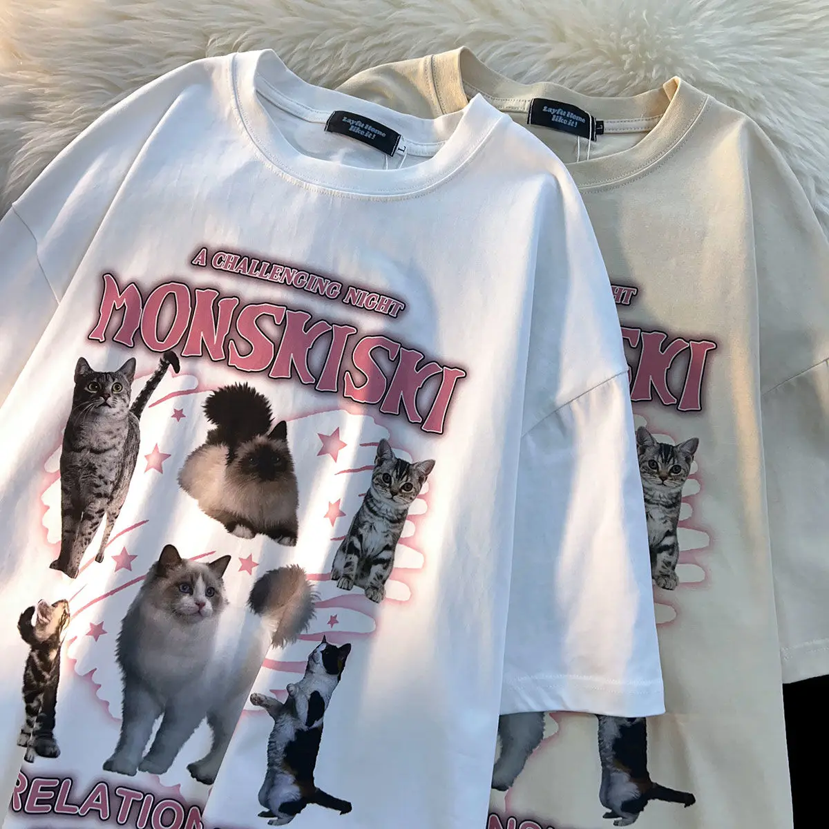 Camiseta con estampado de gato para mujer, camiseta de manga corta estética, ropa de calle holgada de gran tamaño, Top coreano para mujer