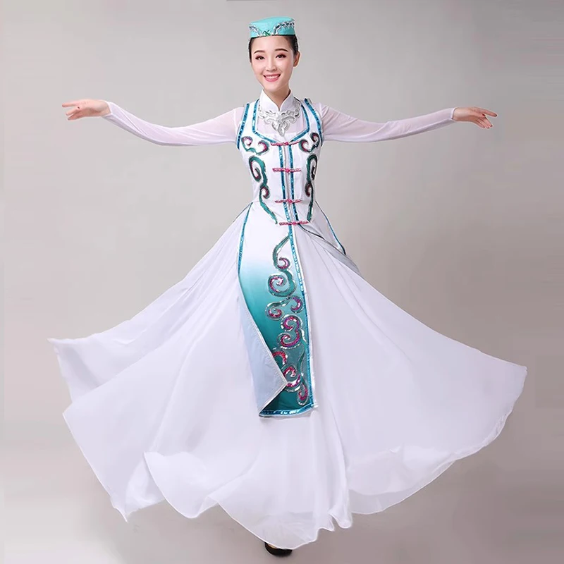 Woman Chinese National Dance Dress Mongolian Dance Costume Lady Vintage Tibetan Stage Performance Clothing Hmong Minority Dress