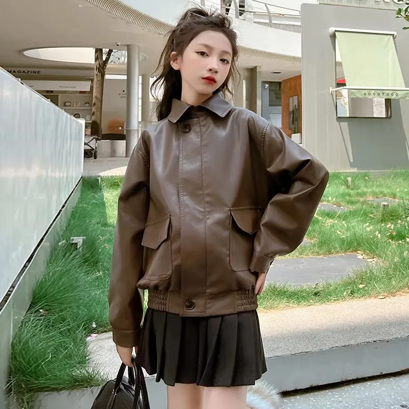 New Spring Child Faux Leather Jacket for Girls Luxury Brown PU Jacket Coat For Teens Clothing Age 5 6 7 8 9 10 11 12 13 14 Years