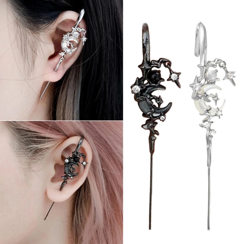 Unique Star and Moon Diamond Earrings Stylish Ear Needle Wrap Crawler Hook Earrings Fashionable Statement Jewelry