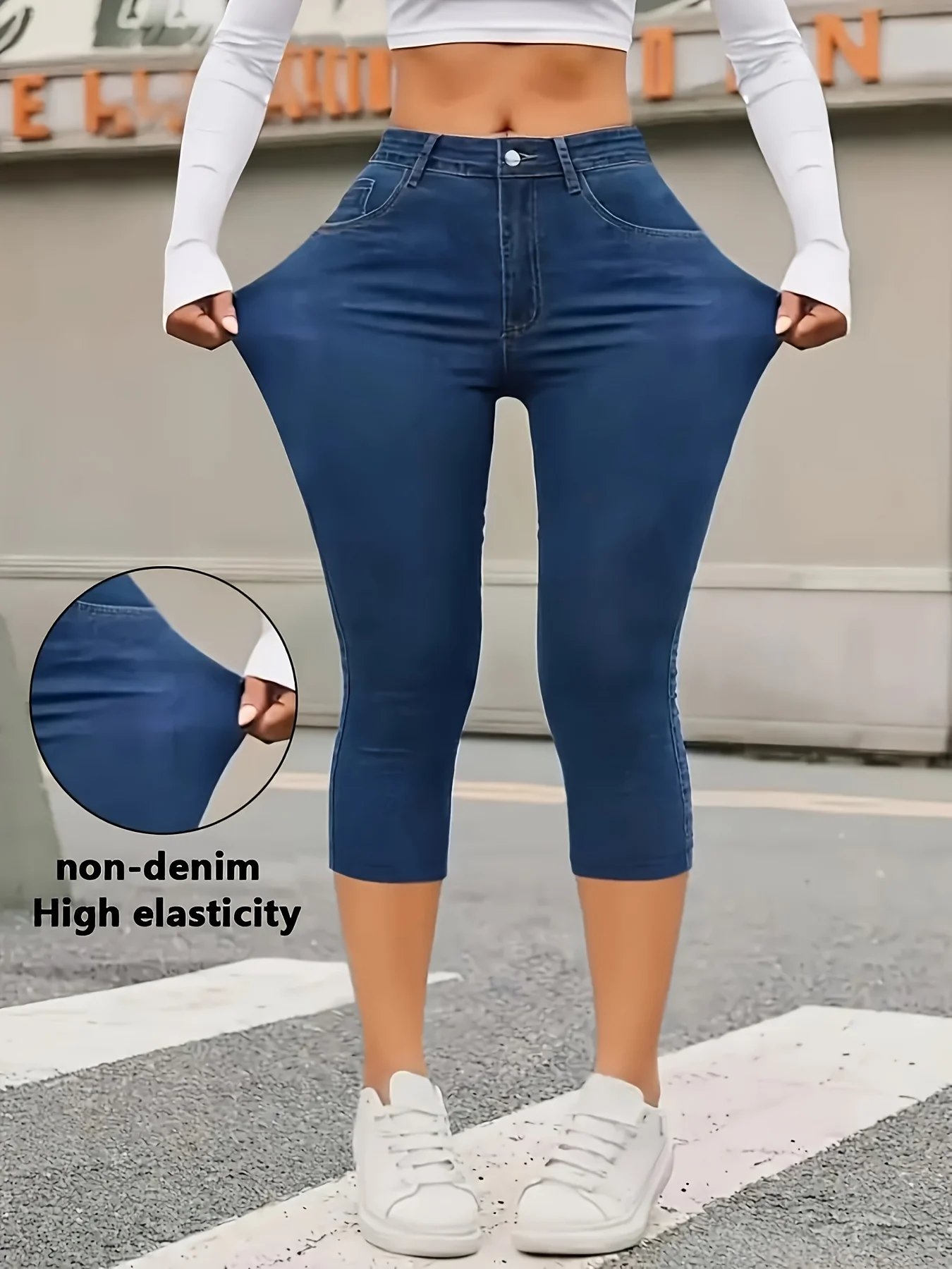 Women's Non-Denim Faux Denim Print 7/8 Length Leggings, Casual Skinny Outdoor Sports Yoga Pants, Soft Skin-Friendly Beach Pants