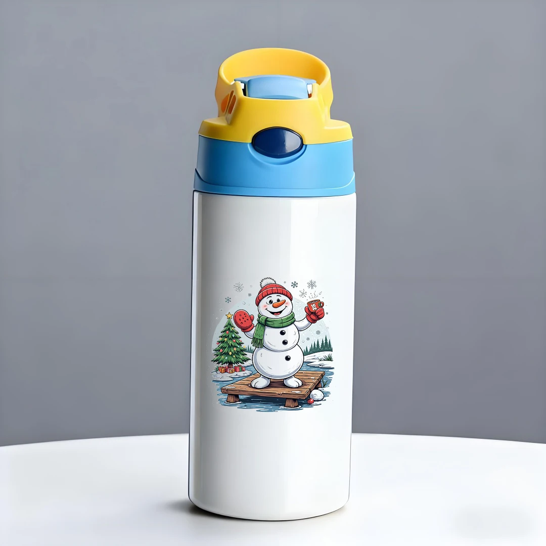 كوب حراري من الفولاذ المقاوم للصدأ 304 + كوب بقشة للأطفال + تصميم كرتوني لرجل الثلج + مجموعة أكواب حرارية لعيد الميلاد - هدية عيد الميلاد