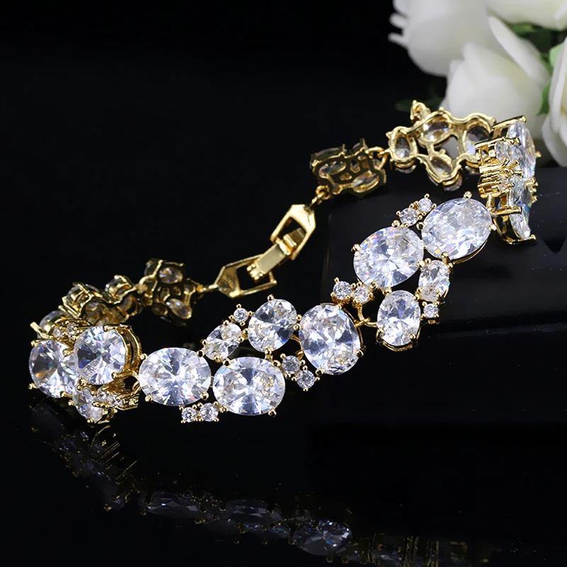 ThreeGraces Shiny Cubic Zirconia Gold Color Luxury Round CZ Tennis Link Chain Bracelet for Women Wedding Bridal Jewelry BR231