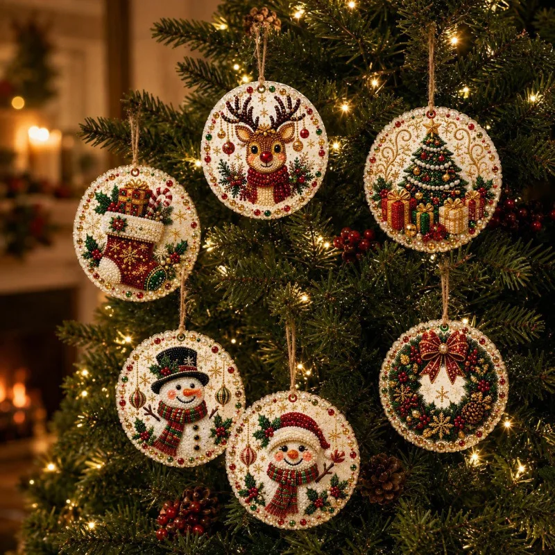 5D Full Round Drill Diamond Painting Kit 6Pcs Christmas Round Hanging Ornaments DIY Rhinestone Pendant Santa Snowman Reindeer Xm