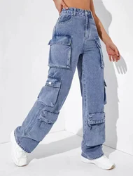 Ropa de calle bonita Retro americana a la moda, pantalones vaqueros a la moda para mujer, pantalones Cargo vaqueros con bolsillo abatible, pantalones vaqueros elegantes de hip hop lavados de cintura alta