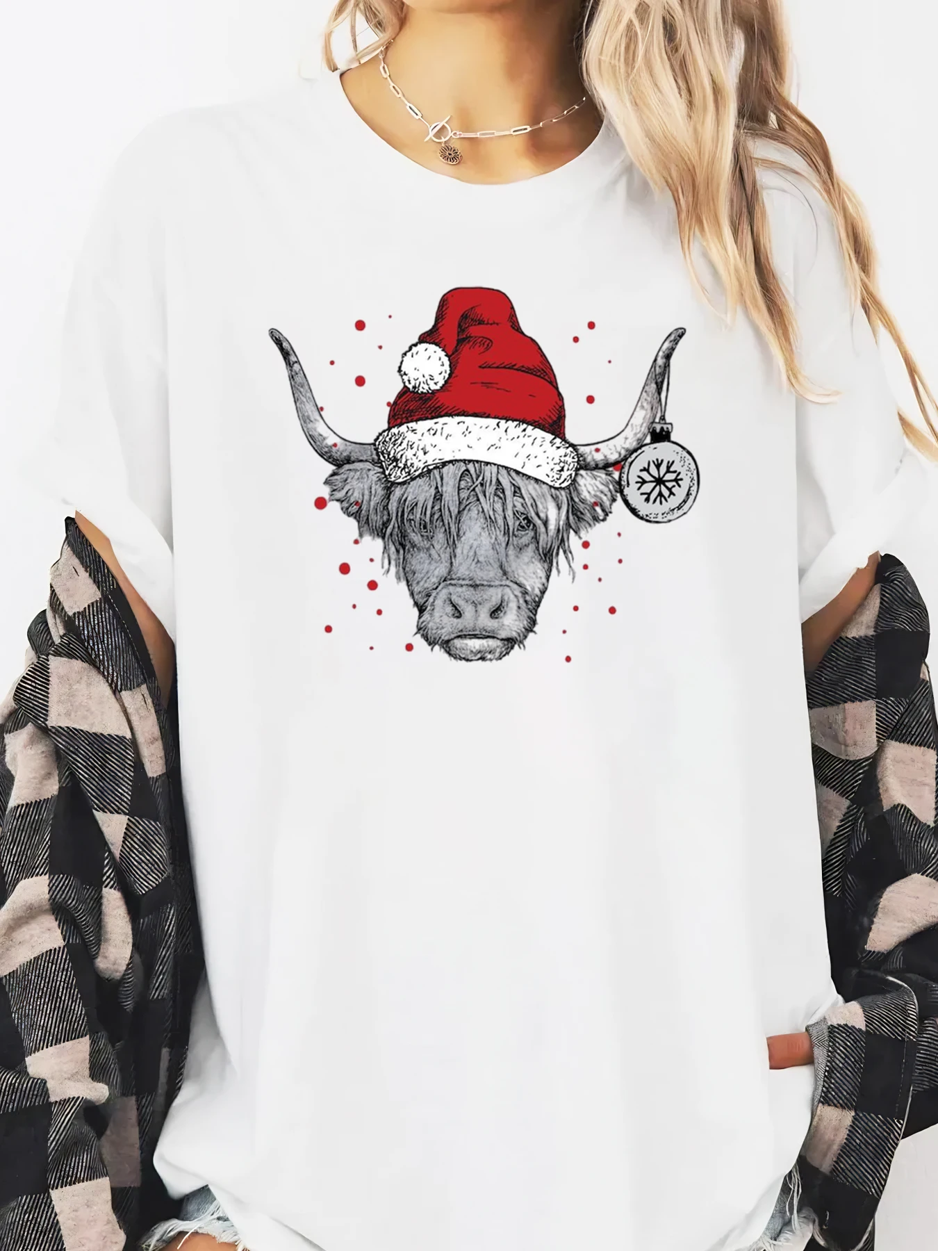 Kerst Bull Kerstmuts Print T-shirt met lange mouwen Dames Casual vakantiekleding Wit Plus-maat