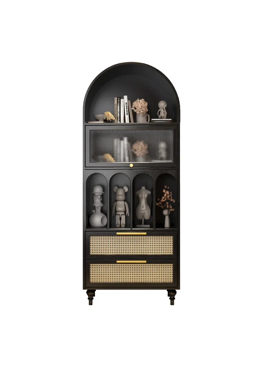 

Wooden rattan bookcase Floor-to-ceiling French retro storage cabinet Japanese-style arched decorative wine cabinet All solid