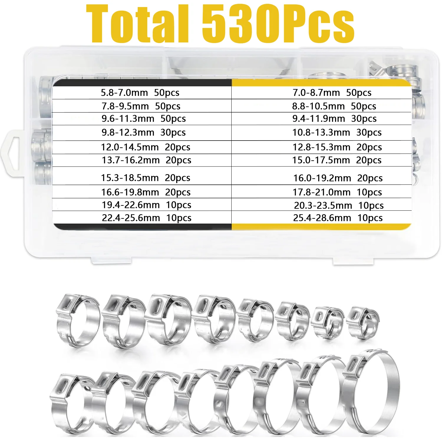 

530pcs Hose Clamps 5.8-28.6mm Single Ear Stepless 304 Stainless Steel Hose Clamps Cinch Clamp Rings for Sealing Kinds