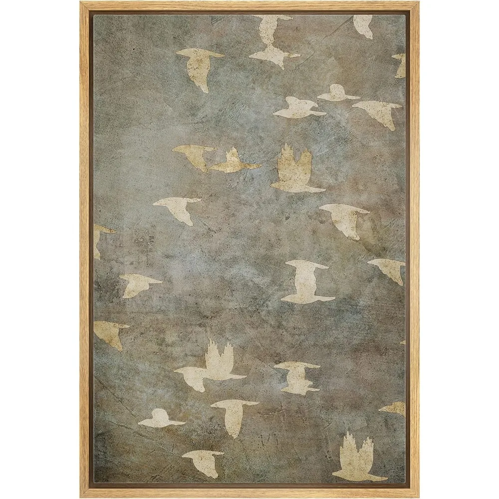 Framed Canvas Print Wall Art Grunge Gold Flying Bird Collage Nature Wilderness Illustrations Modern Art Decorative Landscape