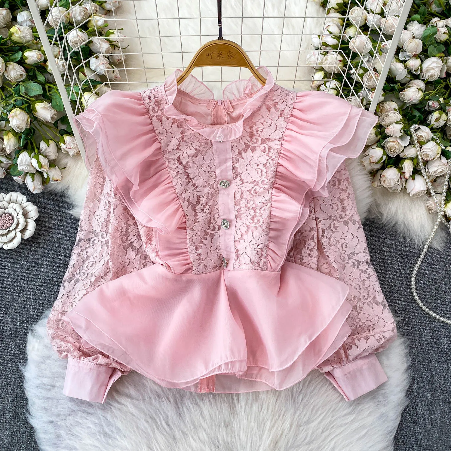 

ALPHALMODA 2025, New In, Stand Collar, Ruffled Trim, Hollow Out, Lace Patchwork, Long-sleeved, Women Fashion Blouse Top