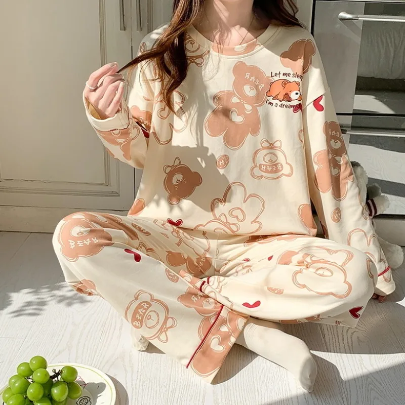 Sleepwear Women's Spring Autumn New Long-Sleeved Trousers Student Cute Cartoon Pajamas Set Round Neck Loose Female Homewear Suit