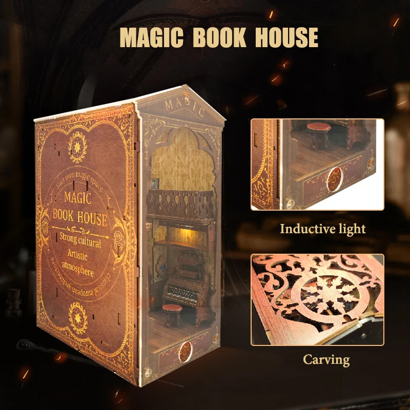 ใหม่ DIY Book Nook Magic ร้านหนังสือรุ่นไม้ Bookend ชั้นวางหนังสือใส่ตู้หนังสือ LED ชุดประกอบของเล่นสําหรับของขวัญเด็ก