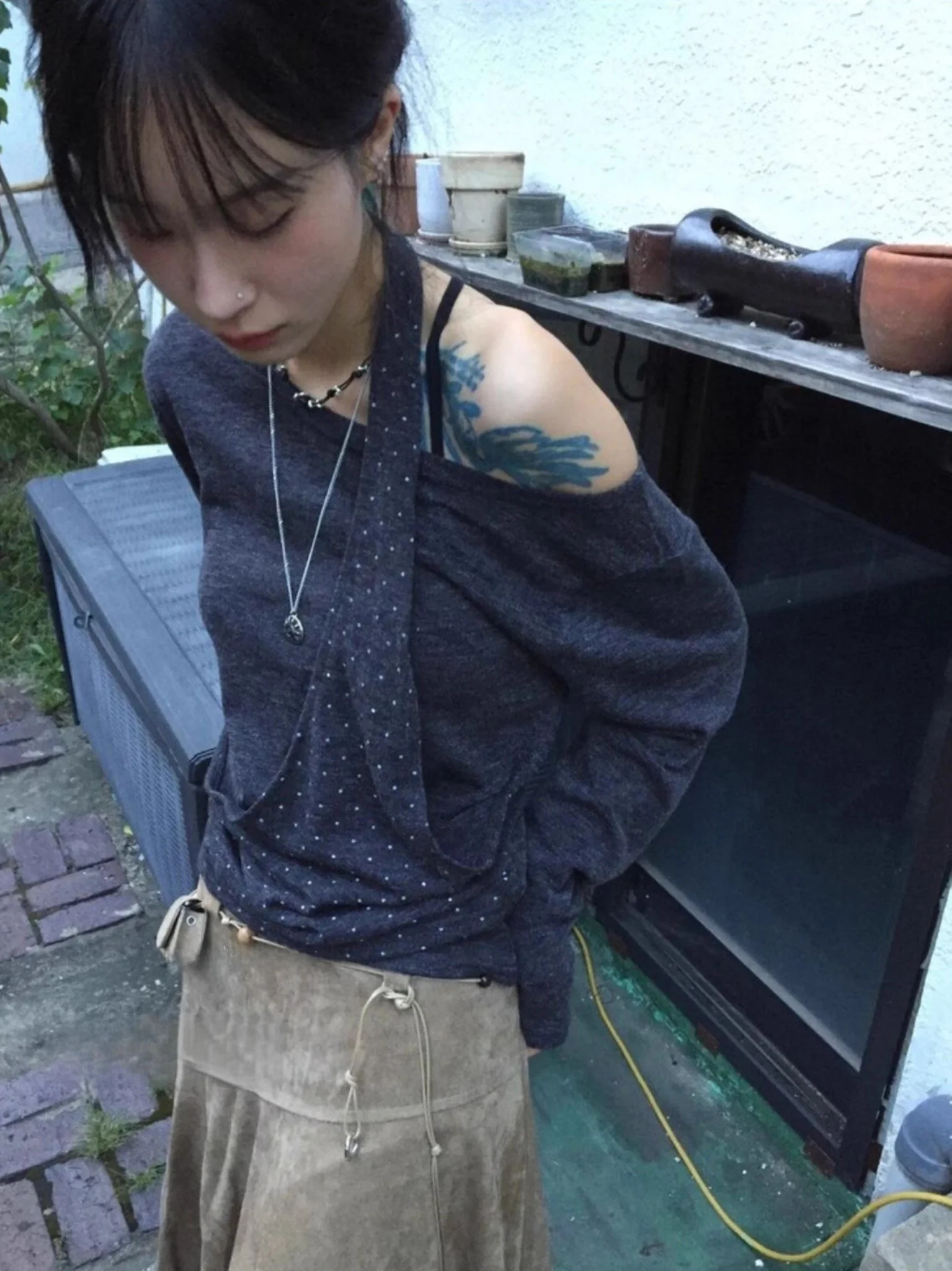 فريدة من نوعها SEI الكورية Sle Street Faion البولكا نقطة المرقعة غير المتكافئة النايلين عارضة تنوعا oulder Bared Long Sve...