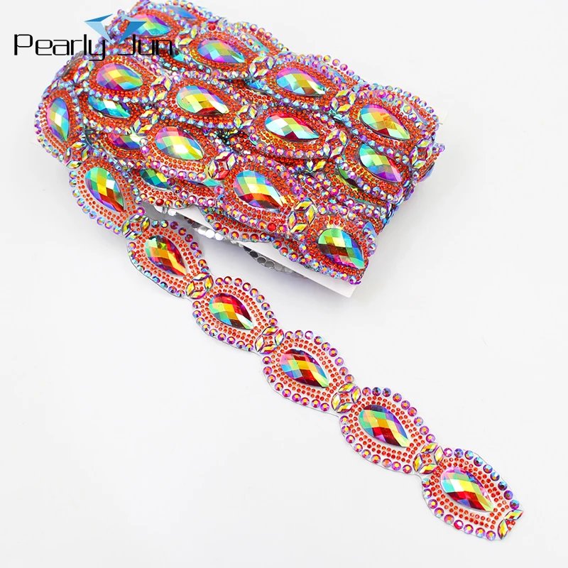 

1 Yard Big Crystal Hot Fix Row Chain DIY ironing on Clothing Dress Shoes Decoration Accessories Red AB Rhinestone Trim TR045-2