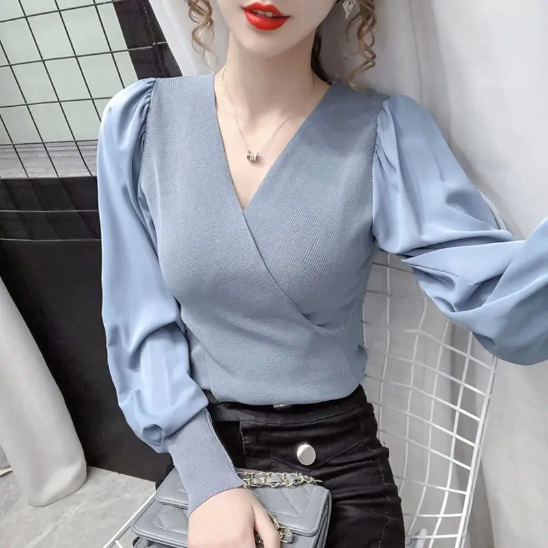 Elegante chique decote em v manga comprida retalhos malhas primavera outono coreano moda magro de malha blusas para mulher clothes2023